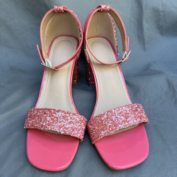 Bright Pink Glitter Block Heels Ankle Strap Open Toe Party Cocktail Sz 39 I 8.5 - Picture 3 of 8